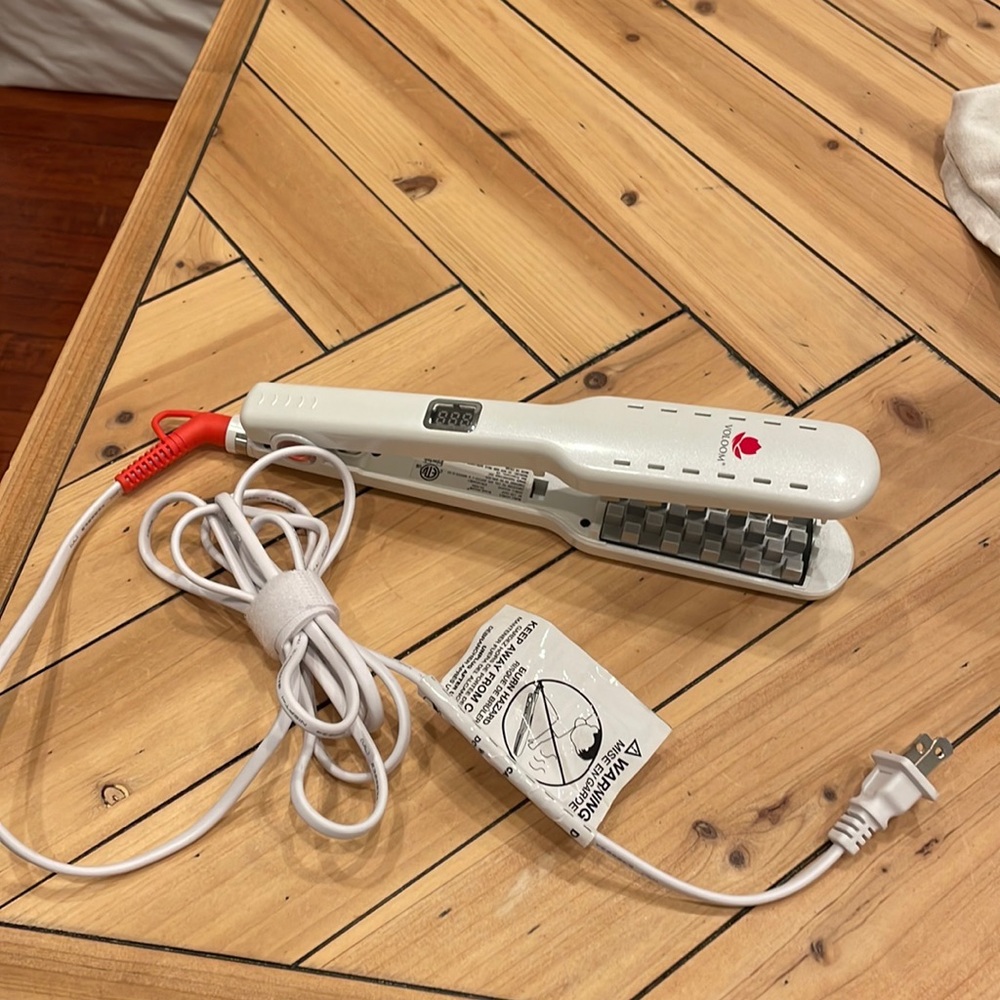 White Hair Straightener with Red Accents